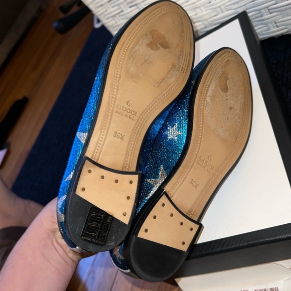 GUCCI Women’s Blue Silver Starry Sky Print Lurex Jordaan Loafers Size 36 - Picture 5 of 6
